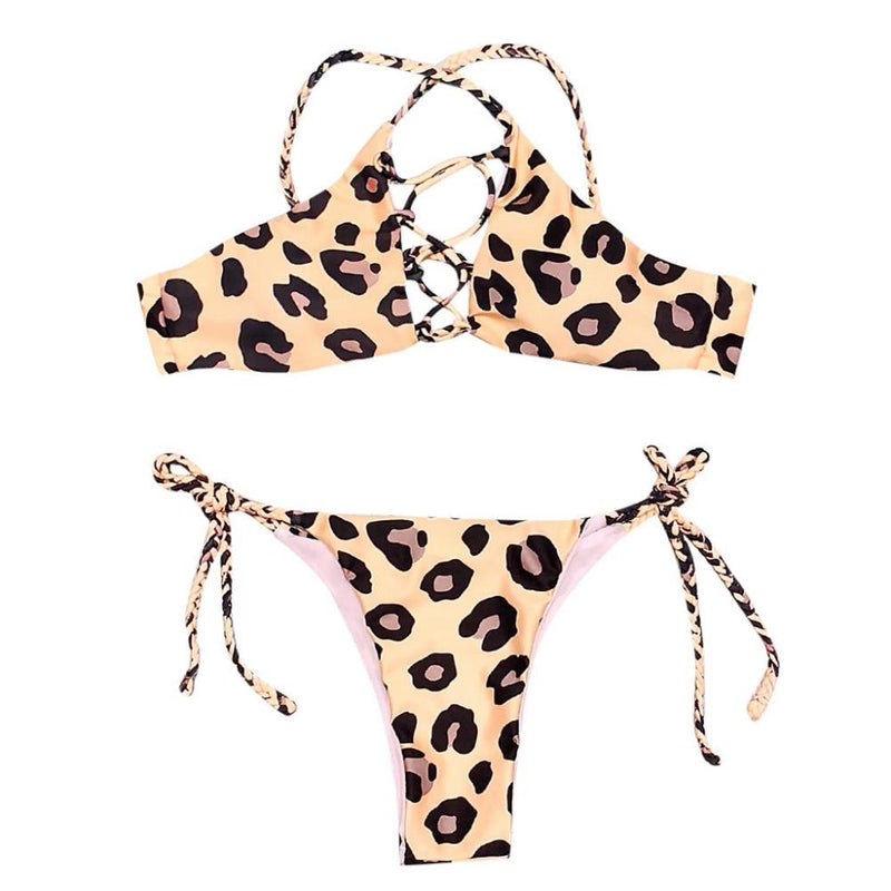 Leopard Printed Halter Criss Cross Bikini Set