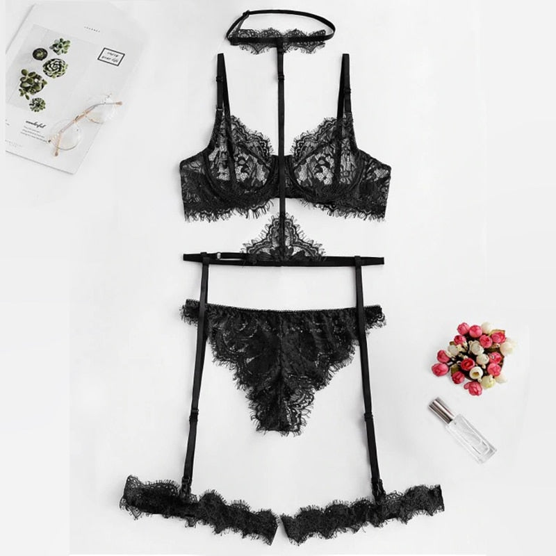 Sexy floral lace lingerie set. Lace choker, wire-free bra with adjustable straps and matching panties.