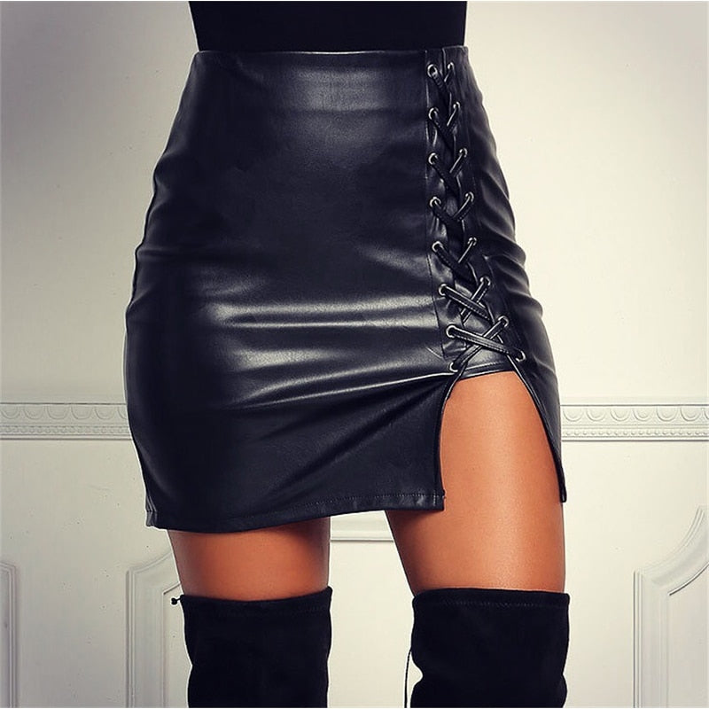Lace Up Faux Leather Mini Skirt